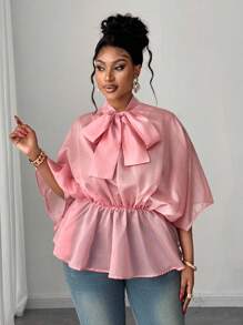 Maweii 大码优雅纯色蝙蝠袖领带衬衫 - 粉色 - 查看 5