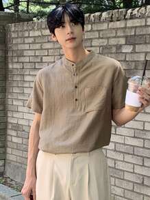 DAZY Chemise polo pour hommes en lin de couleur beige unie, col henley, pour l'été - Kaki - Voir 7