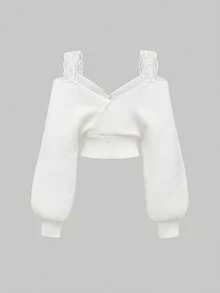 ROMWE Kawaii Suéter holgado con cordones de encaje, escote en V profundo, hombros descubiertos y lazo, de estilo sexy francés