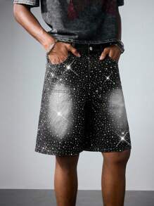 ROMWE MEN Street Life Pantalones cortos vaqueros de moda casual para hombre con botones de rhinestone