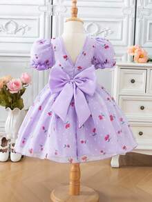 Young Girl Cherry Print Puff Sleeve Party Dress - Purple - View 2
