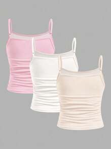 SHEIN 3pcs/Set Tween Girls' Slim Fit Casual Sportive Camisole Racerback Tank Top Basics Girls Summer Tank Tops Tween Girls Tank Tops Cute Girls Beach Tops Girls Beach Tank Tops Summer Camis For Girls - Multicolor - View 2