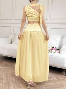 Modelyn Buttercream Asymmetrical Neck Ruched Tie-Up Camisole + High-Waist Flare Skirt 2 Pieces Set - Yellow - View 5