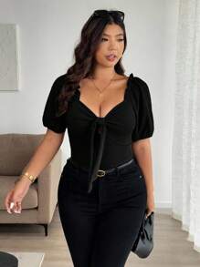 Elenzga Plus Size Black Knitted Tie-Front Top With Sweetheart Neckline And Short Puff Sleeves Black Tie Front Top Black Ribbed Top Puff Sleeve Top Women Black