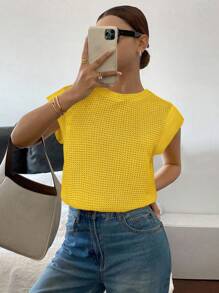 SHEIN Essnce 女式纯色华夫格蝙蝠短袖休闲T恤，夏季 - 黃色 - 查看 4