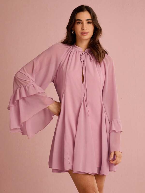 Enchnt Spring/Summer Romantic Women's Pink Long Sleeve Ruffled Hem Bowknot Tie Mini Dress,Sweet&Elegant For Vacation&Date&Holiday&Party&Graduation&Wedding Guest&Beach,Prom Dress,Summer Dresses For Women,Sun Dresses For Women,Summer Clothes