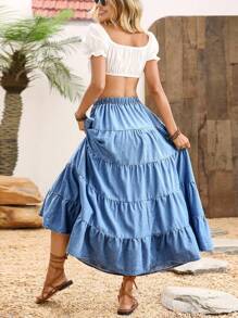 LanaWest 女式牛仔长裙，夏季时尚 - 藍色 - 查看 2