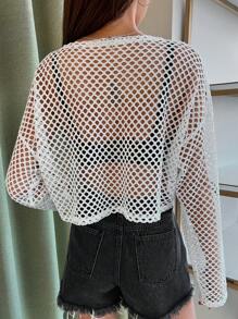 DAZY Hollow Out Drop Shoulder Crop Top Without Bra Going Out Tops Festival Sheer,Beach Outfits Long Sleeve Women Tops,Fall Women Clothes - White - View 2