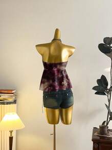 SHEIN EZwear Women's Casual Ruched Chest Drawstring Tied Babydoll Tube Top, Suitable For Summer, Vintage Style, Color Options: Burgundy, Paisley Print Suitable For Going Out - Multicolor - View 9