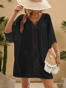 SHEIN VCAY Plus Size Women Vacation Solid Color Contrast Lace Batwing Sleeve Dress - Black - View 1
