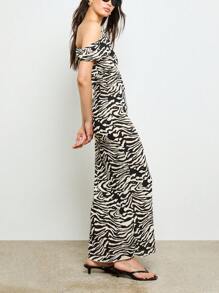 AiiRZ One Shoulder Zebra Print Bodycon Maxi Dress Form Fitting Ruched Evening Glamour Statement Party Long Gown - Multicolor - View 4