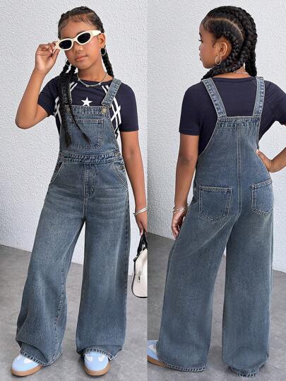 Tween Girls Y2K Fashionable Casual Versatile Solid Color Retro Washed Suspender Pants Casual Wide Leg Jumpsuit Sleeveless Denim Overalls Romper Without Tee,Girls Spring Summer Break Outfits, Summer Concert Rave Festival Baggy Shorts Streetwear Outfits,Back To School Outfits Fall Winter