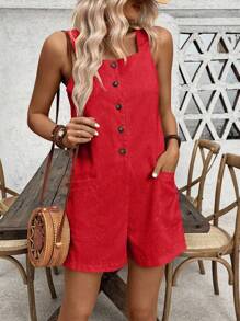 EMERY ROSE Women's Solid Color Casual Vacation Style Jumpsuit With Single Button Closure, Summer For New Year Clothes - Red - View 6