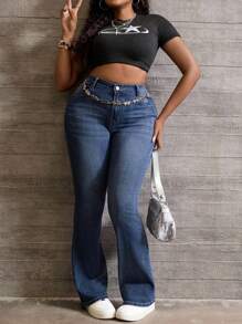 Dripcurv Plus Size Women Rhinestone Five-Pointed Star Patch Pocket Flared Jeans - Blue - View 2