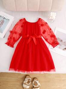 Girls' Elegant Ruffle Red Mesh Ruffled Long Sleeve Dress Fall Winter - Red - View 1