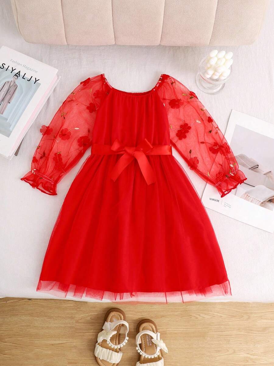 Girls' Elegant Ruffle Red Mesh Ruffled Long Sleeve Dress Fall Winter - Red - View 1