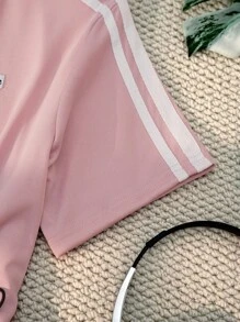 SHEIN 1件少女卡其色拼接藏蓝色时尚休闲连衣裙粉色连衣裙 - 粉色 - 查看 3