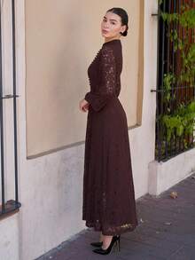 Andrea Bello 女士长袖蕾丝酒红色连衣裙长款女装 - 棕色 - 查看 4