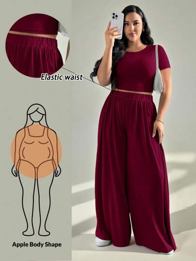 Auralis Conjunto de verano para mujer talla grande con top casual y pantalón de pierna ancha