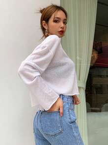 DAZY 开衩后落肩短款上衣长袖女式上衣，秋季女装 - 白色 - 查看 2