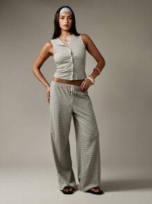 MISSGUIDED 现代条纹腰带套装纽扣前短款背心上衣高腰阔腿裤休闲家居服度假服套装 - 灰色 - 查看 4