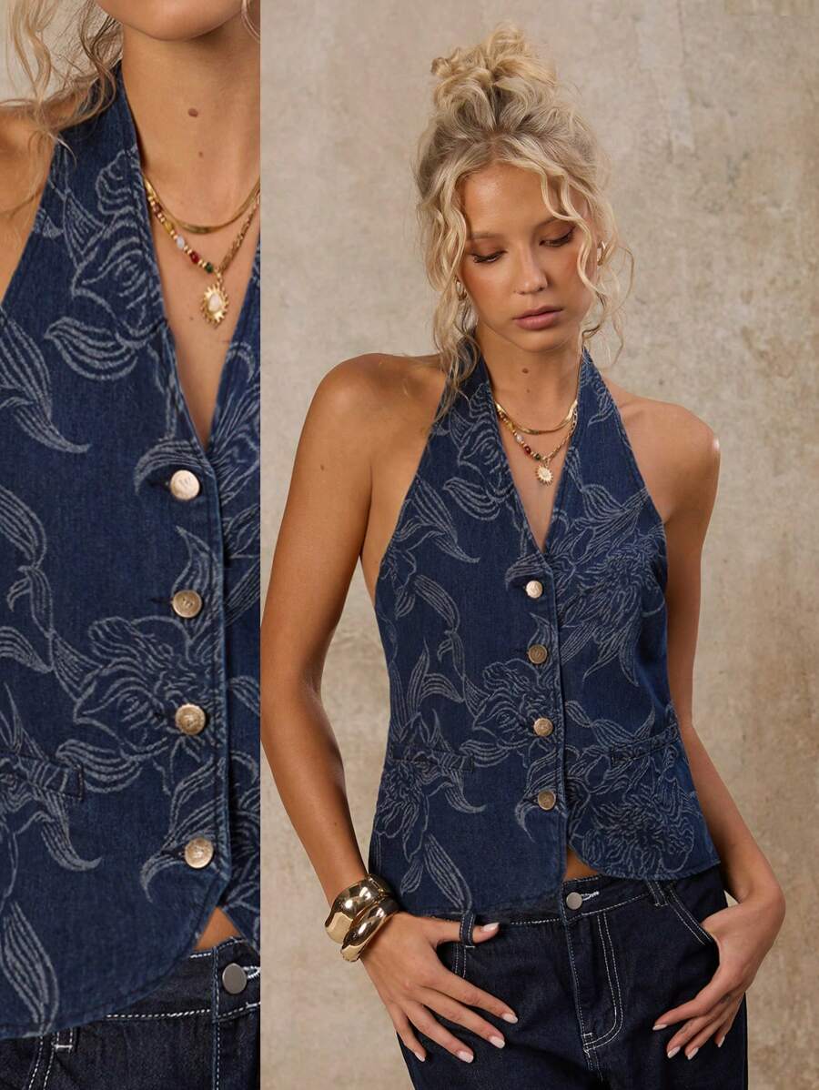 SHEIN Forever 21 夏季女士生日 90 年代商务休闲西部装 外出休闲 Y2K 复古狂欢节街头装度假乡村音乐会单身派对毕业 A 字裙/牛仔裙/无袖/独立日女士/海滩度假/牛仔上衣 - 中等水洗藍 - 查看 1