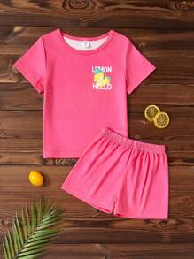 Young Girls Lemon Print Casual Pajama Set - Hot Pink - View 4
