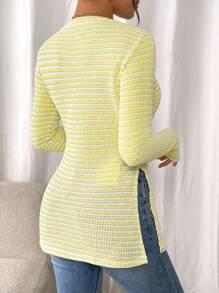 SHEIN Frenchy 女士休闲日常条纹圆领长袖开叉T恤 - 黃色 - 查看 2