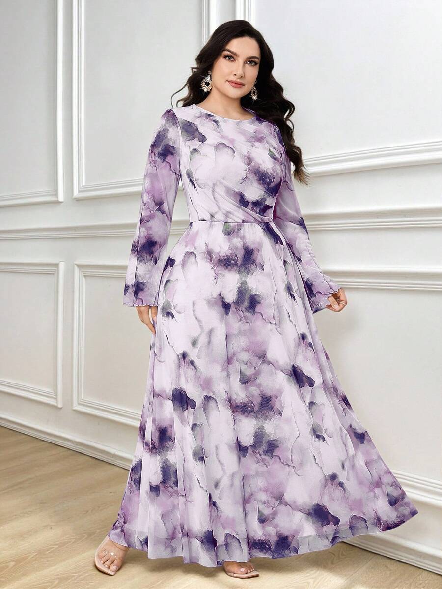 Modelyn 大码女式春秋花卉印花喇叭袖修身腰连衣裙 - 淡紫色 - 查看 1