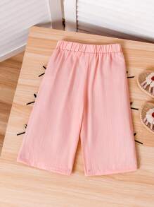 SHEIN Playful Pals Pantaloni lunghi eleganti da bambina in rosa tinta unita con fiocco nero, set estivo