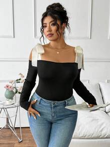 Elenzga Plus Size Women's Elegant Knit Long Sleeve Off Shoulder Big Bow T-Shirt - Black - View 7