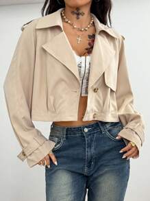 Coolane 女式秋季/四季文艺复兴嬉皮休闲复古老钱基本款宽松短款风衣 - 卡其色 - 查看 4