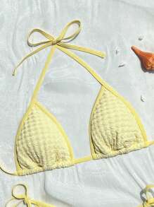 SHEIN 2pcs/Set New Solid Color Textured Side Knot High-Cut Thong Bikini, Women Swimwear, Beach Holiday For Summer Beach Vacation - Yellow - View 5