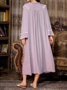 PalaceNights Maternity Heavily Embroidered Ruffled Hem Vintage Palace Style Super Loose Pregnancy Nightgown, For Fall, Winter - Mauve Purple - View 2