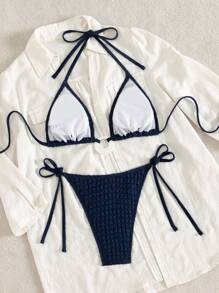 SHEIN Swim Đồ bơi nữ SXY-D 2 mảnh màu trơn, áo cúp tam giác dây quai mảnh buộc lưng, trang trí trước, quần tam giác buộc hai bên, cho mùa hè đi biển nghỉ dưỡng - Màu xanh hải quân - Xem 7
