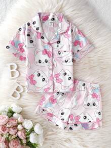 2pcs Young Girl Sweet Cute Cat Print Short Sleeve Shirt And Shorts Pajamas Set, Home Outfit - Pink - View 3