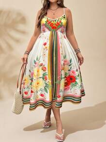 SHEIN Clasi 大码女式夏季假日海滩波西米亚风格性感休闲彩色印花 V 领吊带 A 字中长连衣裙，可搭配开衫 - 彩色 - 查看 4