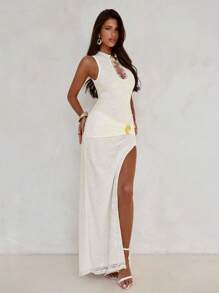 Aloruh Women's Sleeveless Deep V Hollow Lace Trim Fishtail Metal Shell White Dress,Summer,Seductive,Party Night Wedding Season Form-Fitting - White - View 6