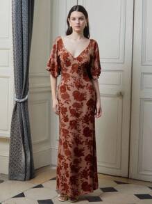 lacRébo Váy Maxi Cổ Chữ V Họa Tiết Hoa Đỏ Có Tay Phồng Phong Cách Boho Mùa Thu Váy Cocktail Váy Dạ Hội Váy Dạ Hội Váy Dài - Nhiều màu - Xem 3