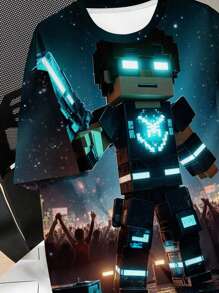 SHEIN 青少年男孩休闲酷炫经典卡通像素立方体未来战士角色印花圆领短袖 T 恤，适合夏季