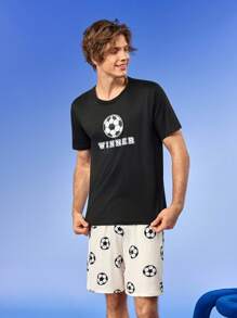 NotGurli Men's Football Print Short Sleeve Shorts Pajama Set