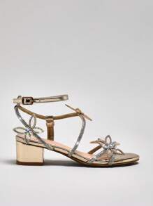 Mini mi 水晶镶嵌 3D 蝴蝶水钻粗跟香槟色礼服凉鞋|公主角色扮演高跟鞋 - 香檳色 - 查看 6