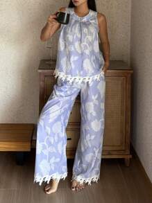 DAZY 花卉印花露背荷叶边上衣搭配阔腿长裤女士睡衣套装，度假风格睡衣 - 淺藍色 - 查看 4