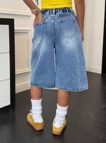 SHEIN 少女春夏 Y2K 同色水洗低腰宽松牛仔长短七分裤、夏季海滩波西米亚度假宽松阔腿裤、夏季早午餐毕业典礼、夏季狂欢音乐会节街头服饰、宽松牛仔短裤、长款牛仔短裤、水洗牛仔短裤、Y2K 牛仔短裤、少女短裤、长款牛仔短裤