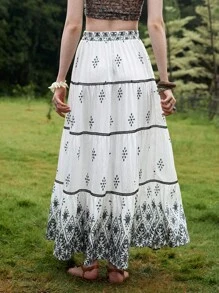 Florisole Women's Boho Maxi Skirt White Woven Fabric Skirt With Printed Pattern And Ruffle Hem Detail Flowy Bohemian Style - White - View 4