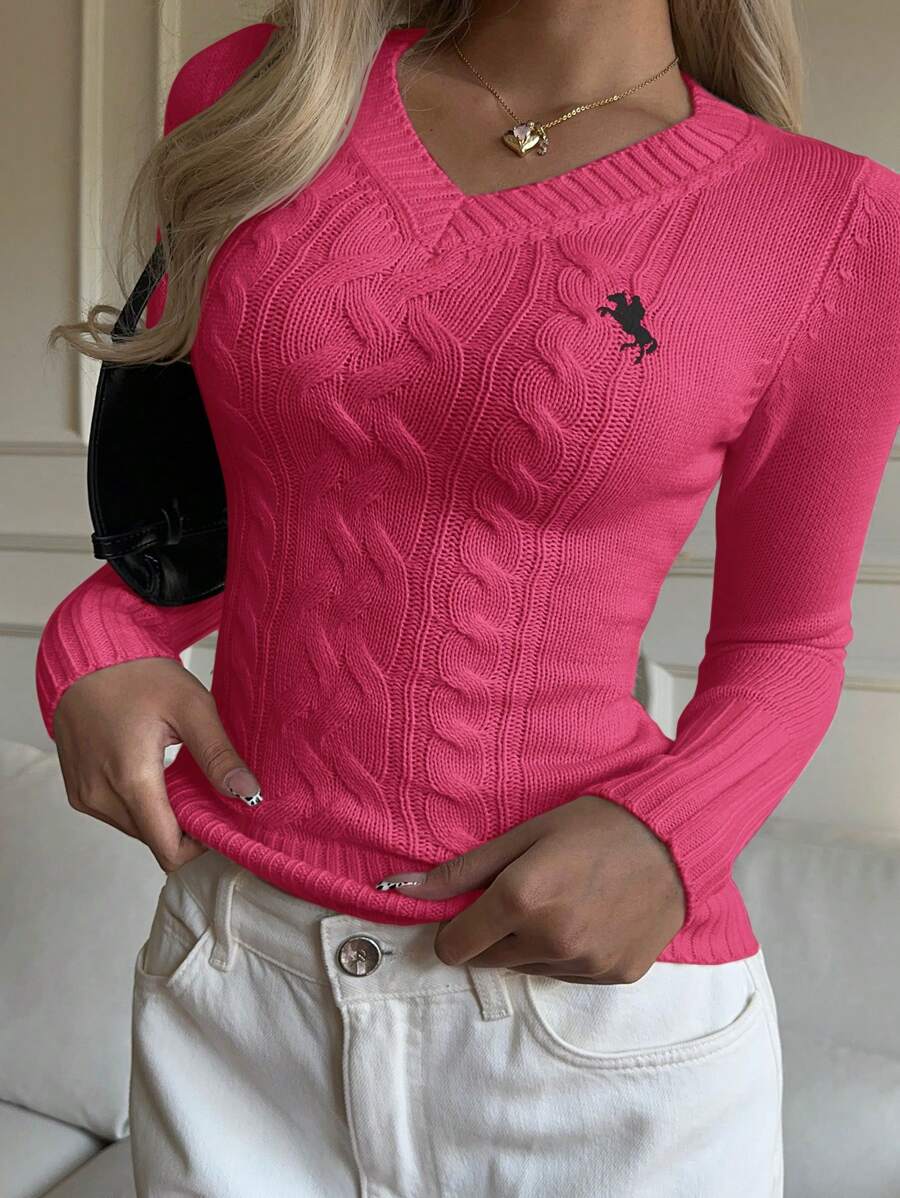 SHEIN EZwear Women's Solid Color V-Neck Regular Shoulder Long Sleeve Fitted Cable Knit Sweater Fall Tops,Tops For School - Hot Pink - View 1