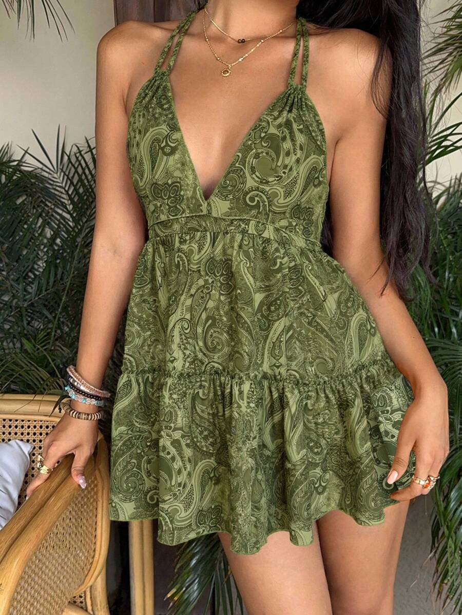 Sunnyshic 女式波西米亚印花露背裹身蝴蝶结领口连衣裙，休闲假日日常百搭时尚，春夏 - 綠色 - 查看 1