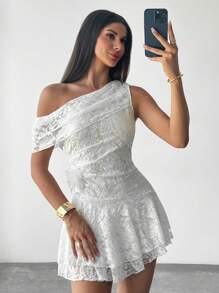 Firerie Asymmetrical Neck Cinched Waist Romantic Floral A-Line Lace White Mini Dress, Elegant For Dates, Parties, Vacations - White - View 7
