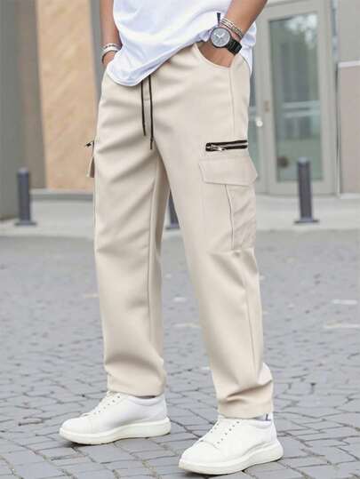 Manfinity Homme بنطلون كاجوال متعدد الاستخدامات بلون أحادي، بنطلون رجالي فضفاض، بنطلون رجالي بساق مستقيمة، بنطلون كريمي، خريف