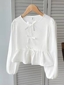 SHEIN Tween Girls Casual School Textured White Front Bowknot Long Sleeve Blouse Fall Winter